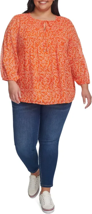 Tommy Hilfiger Women's Printed Long Sleeve Pintuck Blouse