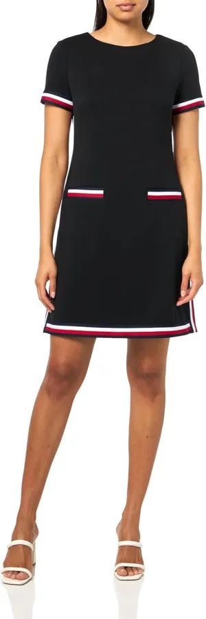 Tommy Hilfiger Women's Stripe Trim Short Sleeve V-Neck Shift Dress