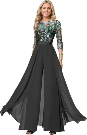 Two Piece Mother of The Bride Wedding Pant Suits with 3/4 Long Sleeves Elegant Formal Jumpsuits Set for Women