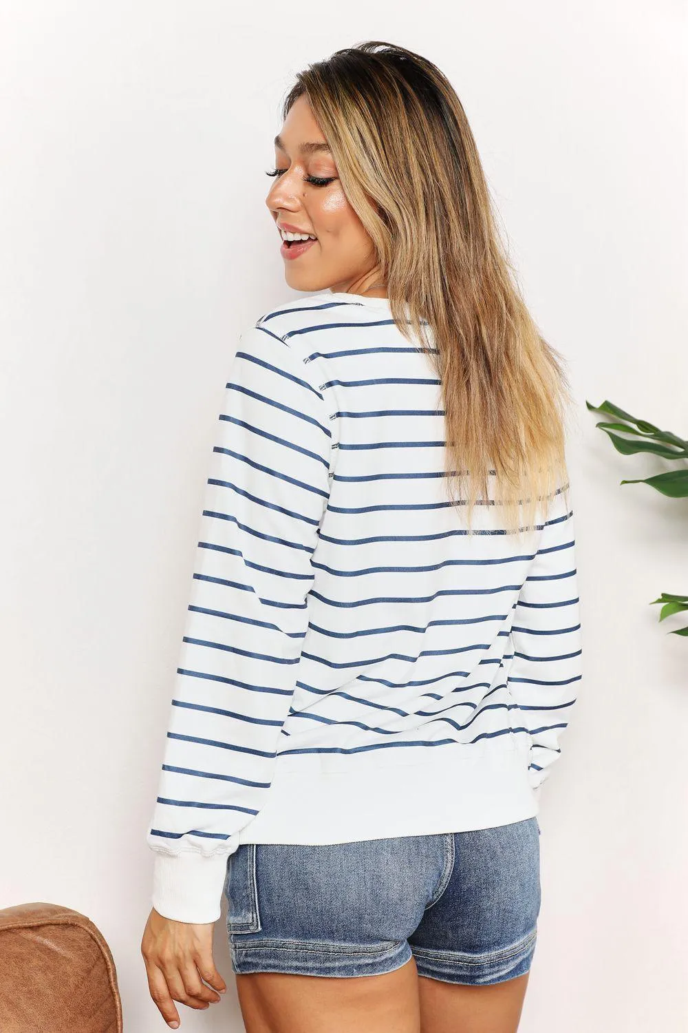 Versatile Crew Neck Striped Long Sleeve Top