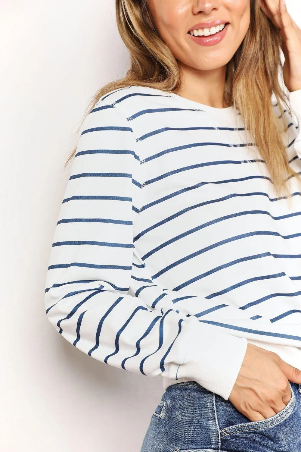 Versatile Crew Neck Striped Long Sleeve Top