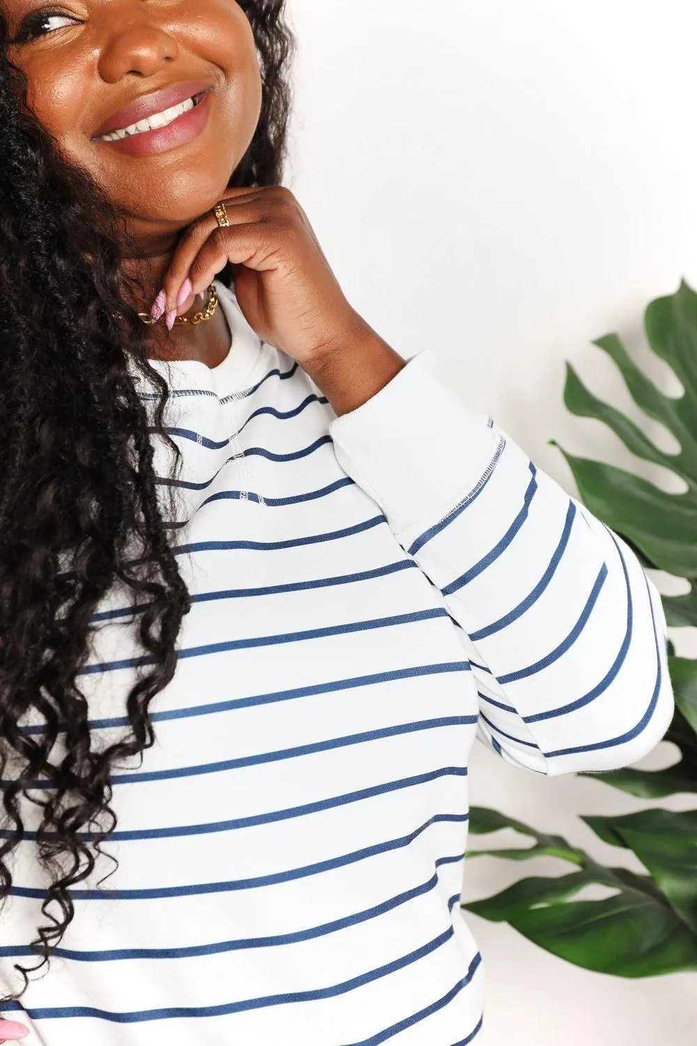 Versatile Crew Neck Striped Long Sleeve Top