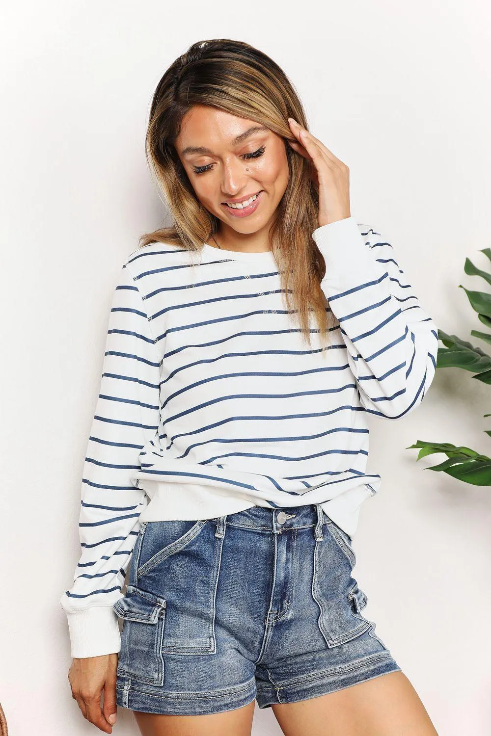 Versatile Crew Neck Striped Long Sleeve Top