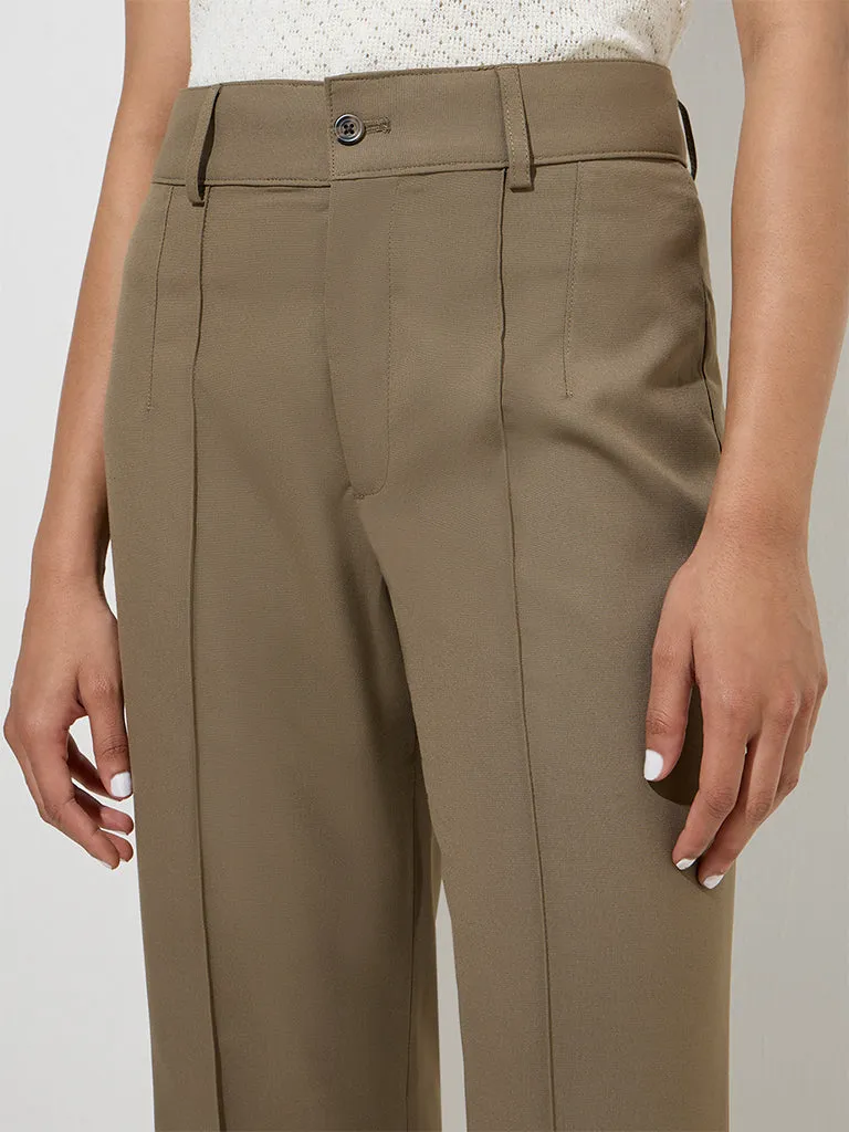 Wardrobe Khaki Solid High-Rise Trousers