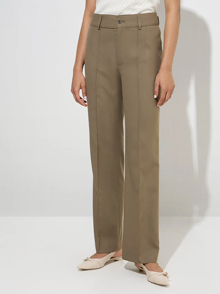 Wardrobe Khaki Solid High-Rise Trousers