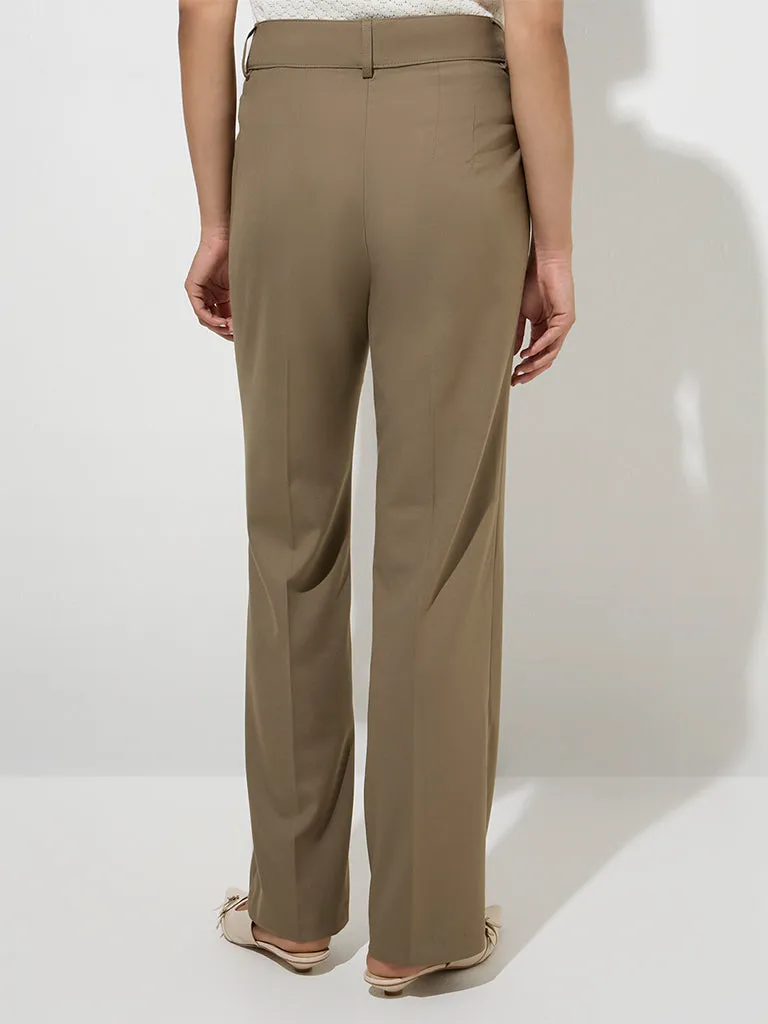 Wardrobe Khaki Solid High-Rise Trousers