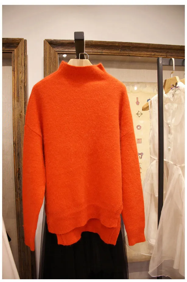 Warm High Neck Solid Color Side Split Long Sleeves Sweater