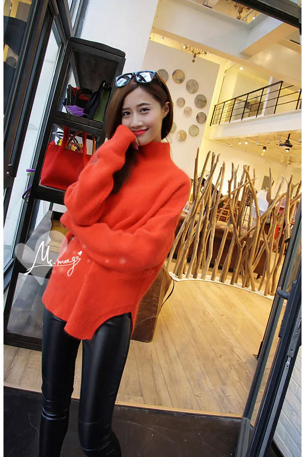 Warm High Neck Solid Color Side Split Long Sleeves Sweater
