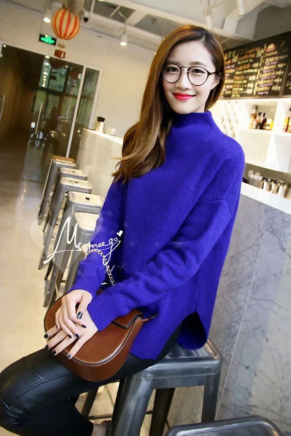 Warm High Neck Solid Color Side Split Long Sleeves Sweater