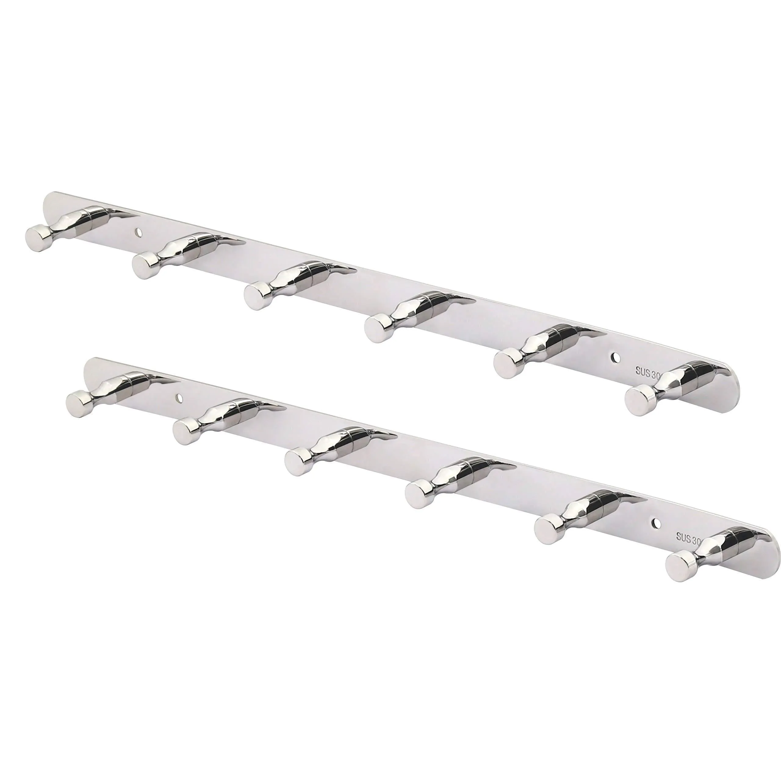 WEBI 2 Set SUS 304 Heavy Duty 6 Peg Robe Coat Kitchen Bath Towel Hooks, Bowling Like Wall Door Mounted Garment Hat Rack Hanger Rail Holder Closet Clothing Garage Home Organizer Storage, Polished IYZ62