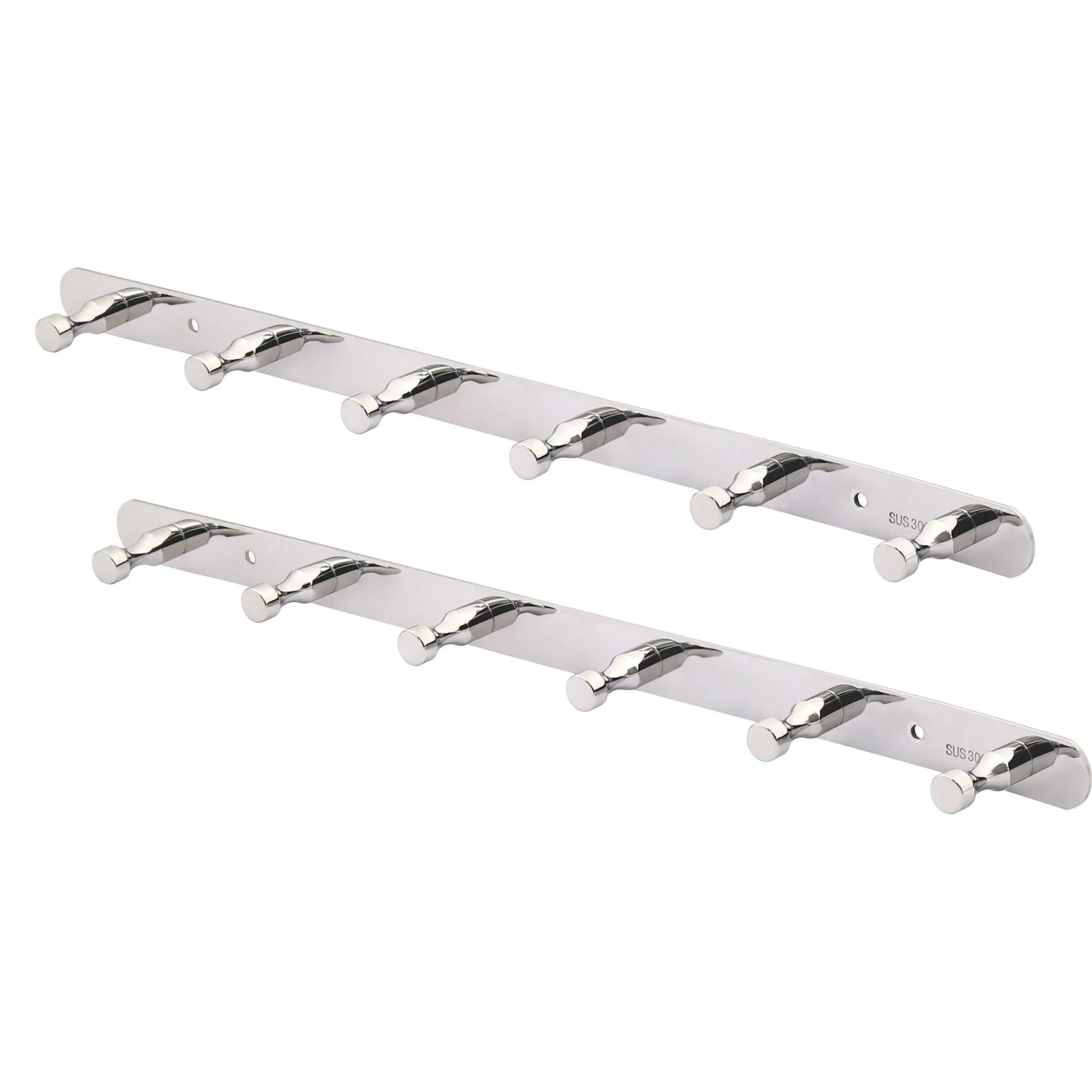 WEBI 2 Set SUS 304 Heavy Duty 6 Peg Robe Coat Kitchen Bath Towel Hooks, Bowling Like Wall Door Mounted Garment Hat Rack Hanger Rail Holder Closet Clothing Garage Home Organizer Storage, Polished IYZ62