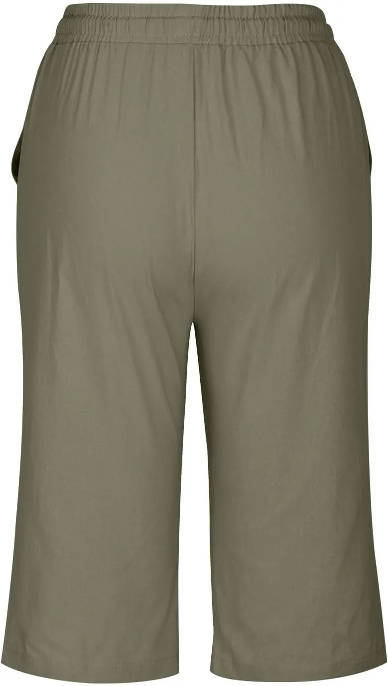 Women Linen Capri Pants Summer Drawstring Elastic Waisted Drawstring Shorts Ladies Casual Beach Pant with Pockets