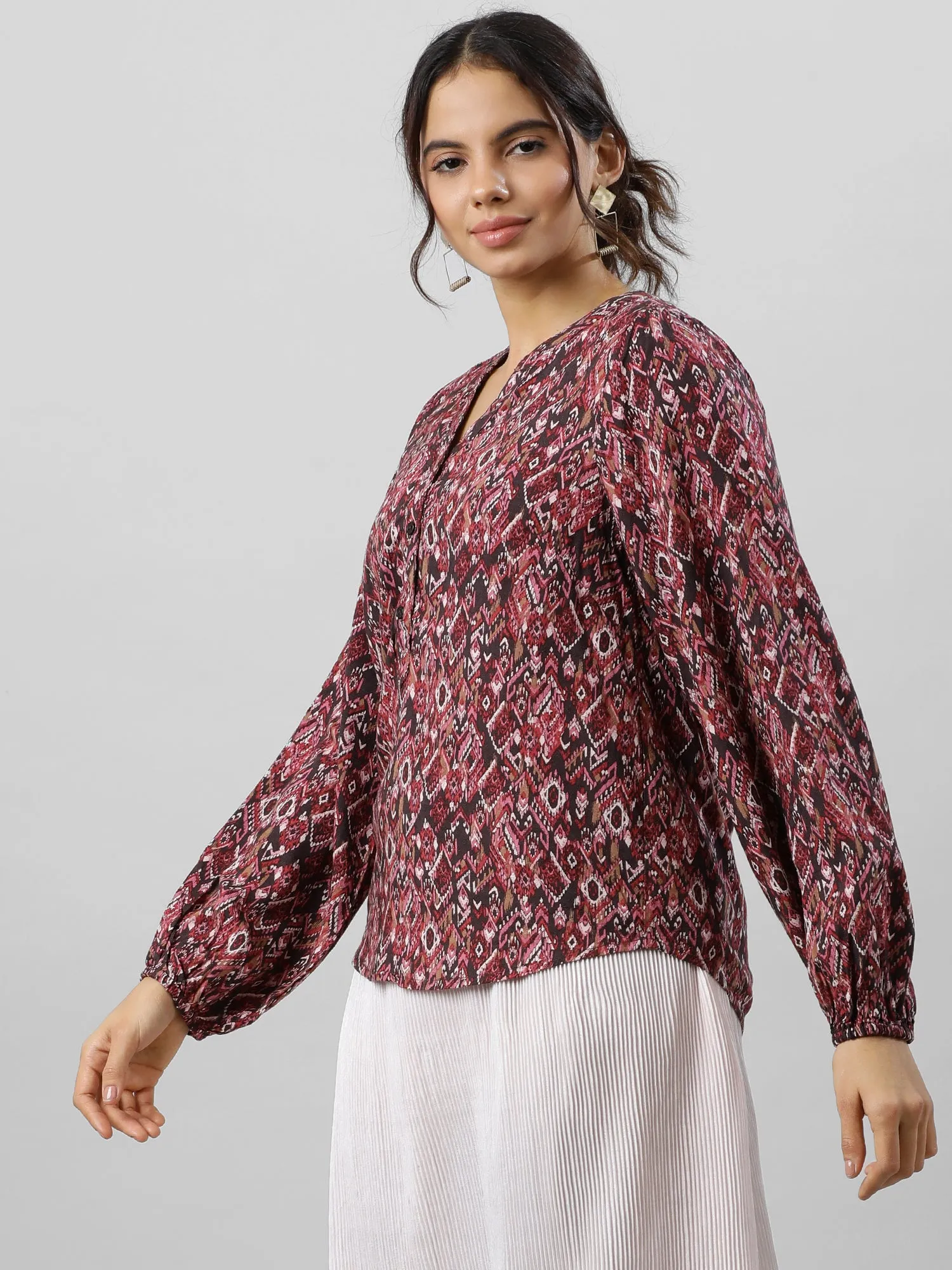 Women Versatile V Neck Abstract Print Top