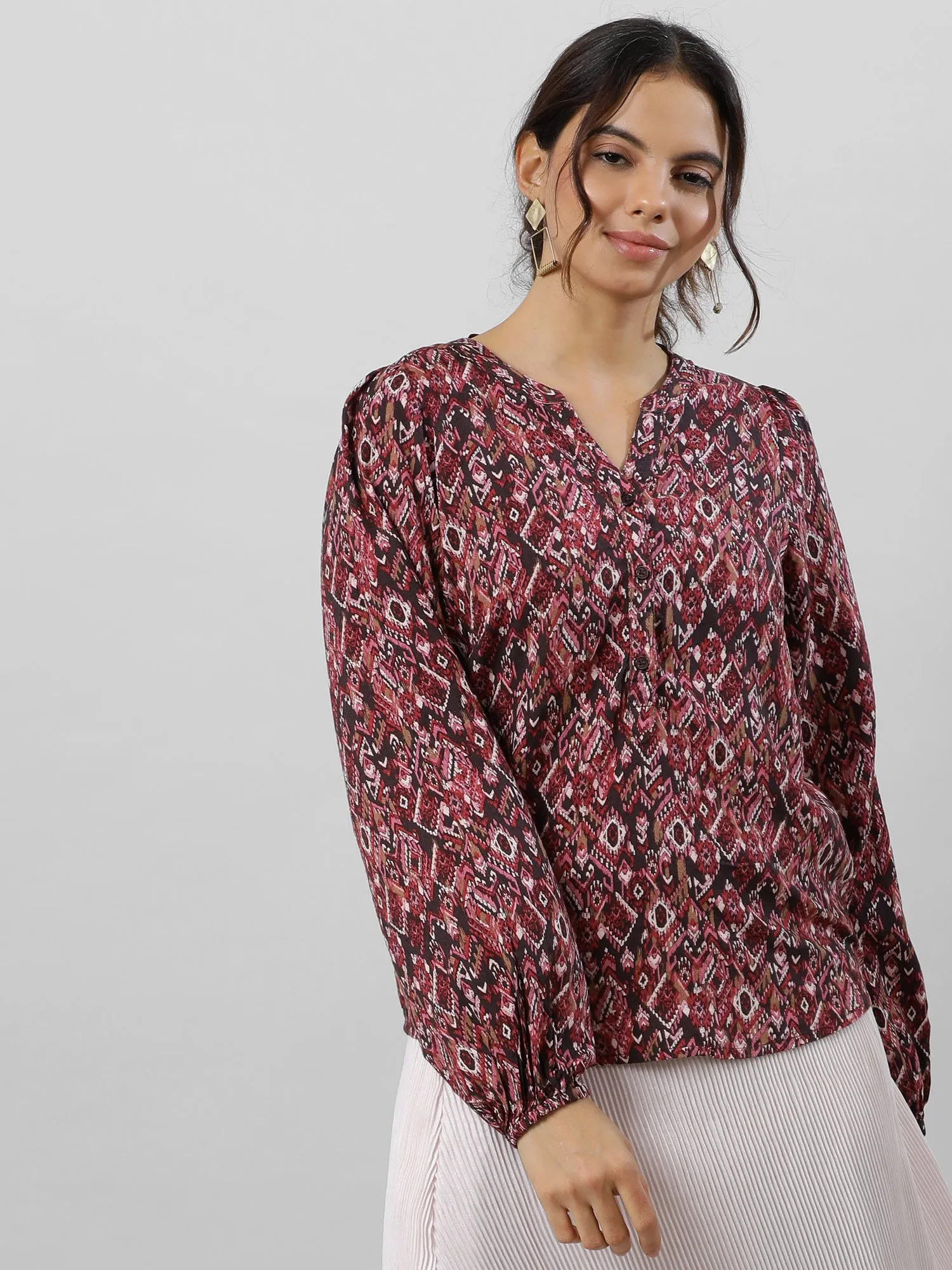 Women Versatile V Neck Abstract Print Top