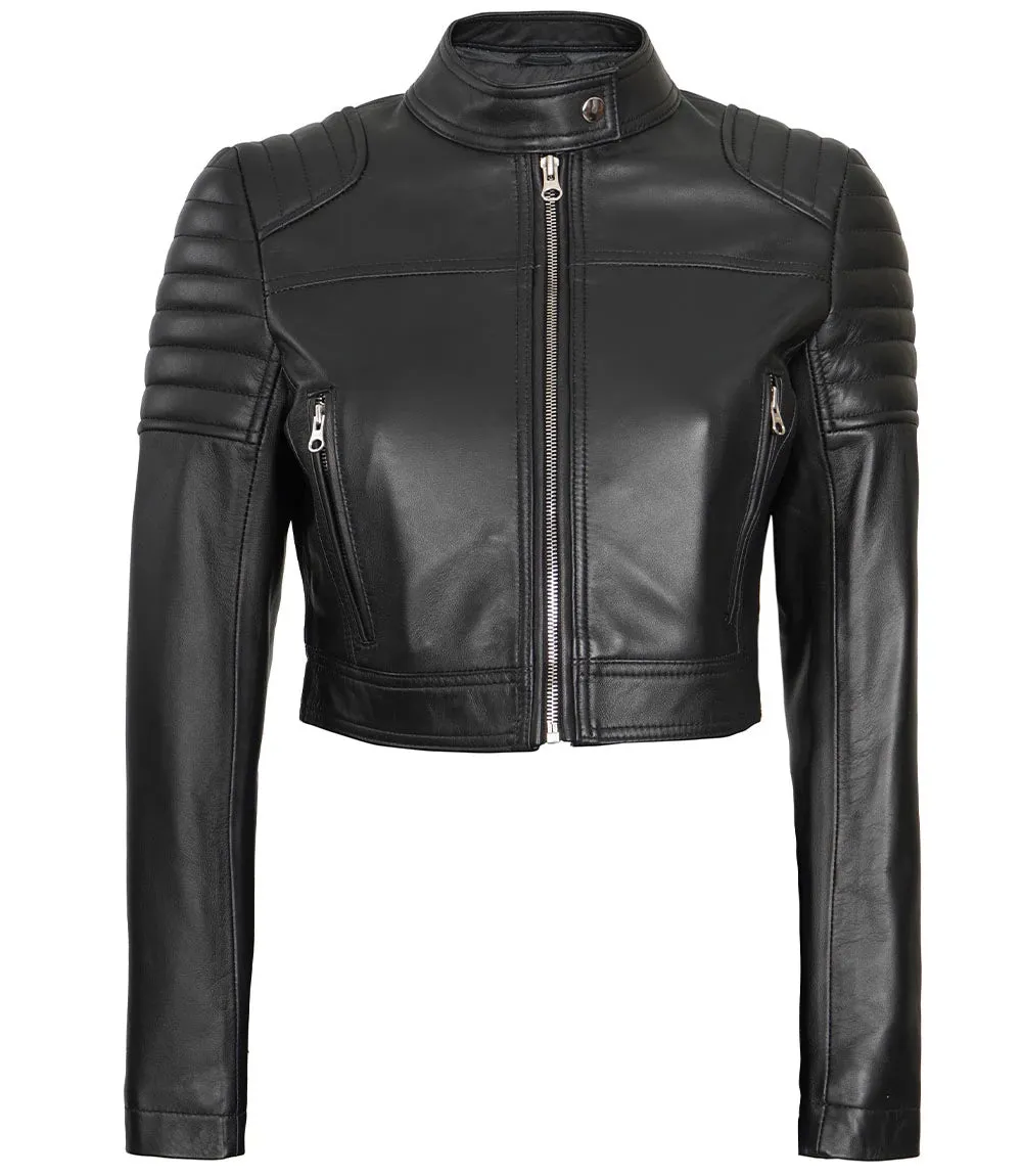 Women's Black Cropped Leather Moto Jacket