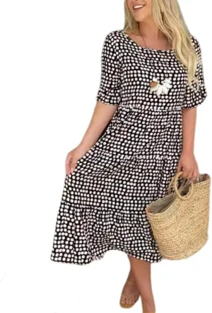 Womens Boho Polka Dot Midi Dresses Short Sleeve Crew Neck Flowy Swing Loose Long Beach Party Dresses