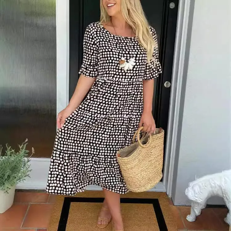Womens Boho Polka Dot Midi Dresses Short Sleeve Crew Neck Flowy Swing Loose Long Beach Party Dresses
