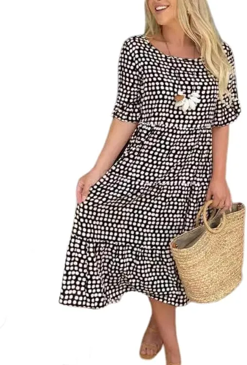 Womens Boho Polka Dot Midi Dresses Short Sleeve Crew Neck Flowy Swing Loose Long Beach Party Dresses