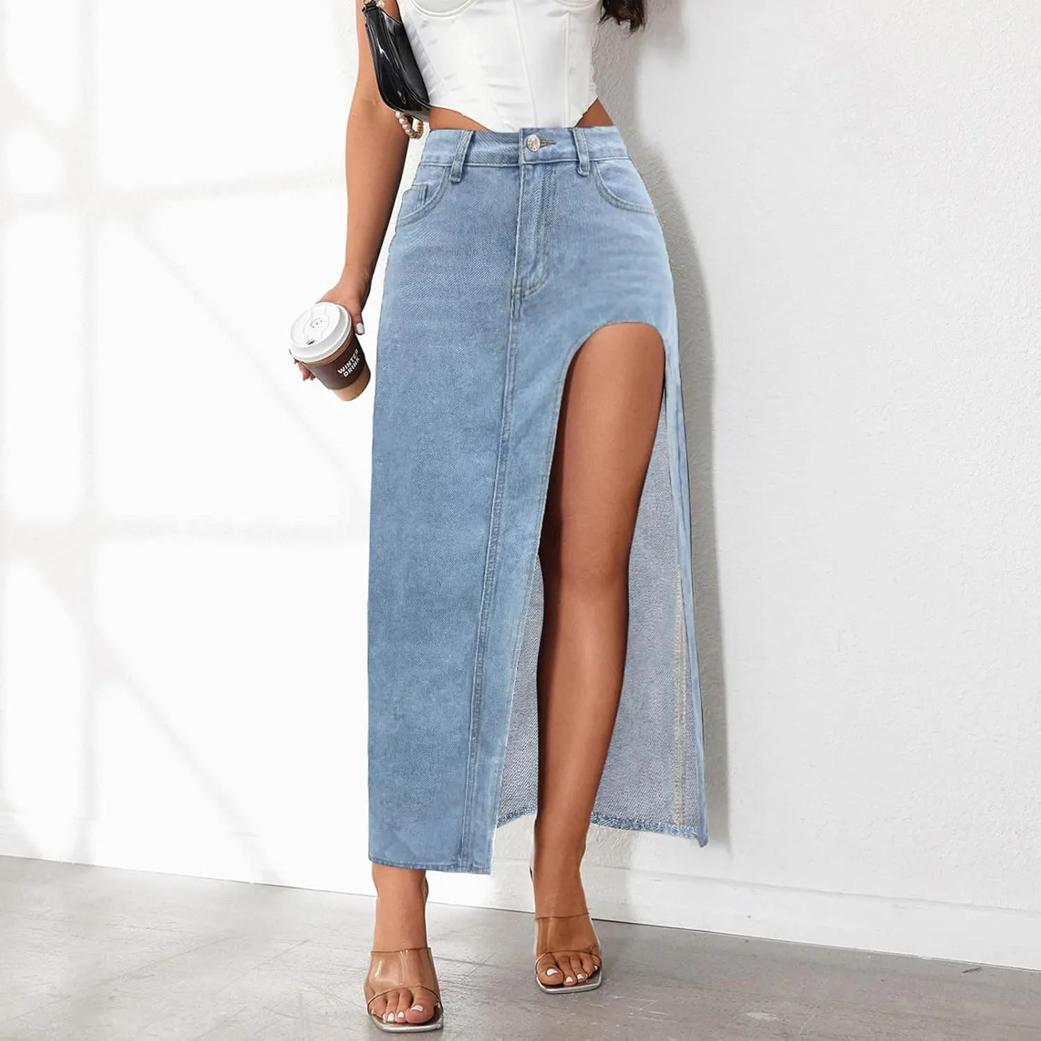 Women's Denim Skirts Classic Versatile Skirts Fashion Side Split Skirt High Waisted Comfort Cargo Skirts Summer