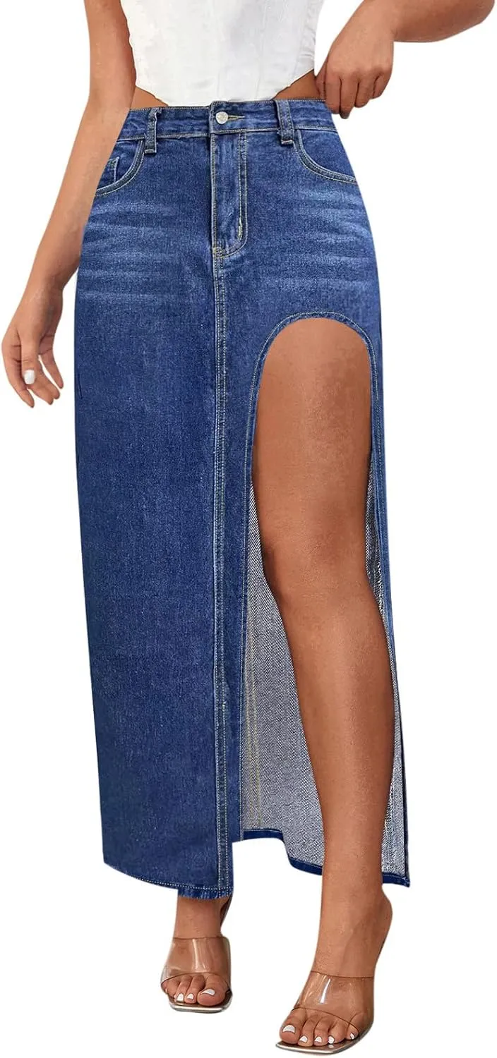 Women's Denim Skirts Classic Versatile Skirts Fashion Side Split Skirt High Waisted Comfort Cargo Skirts Summer