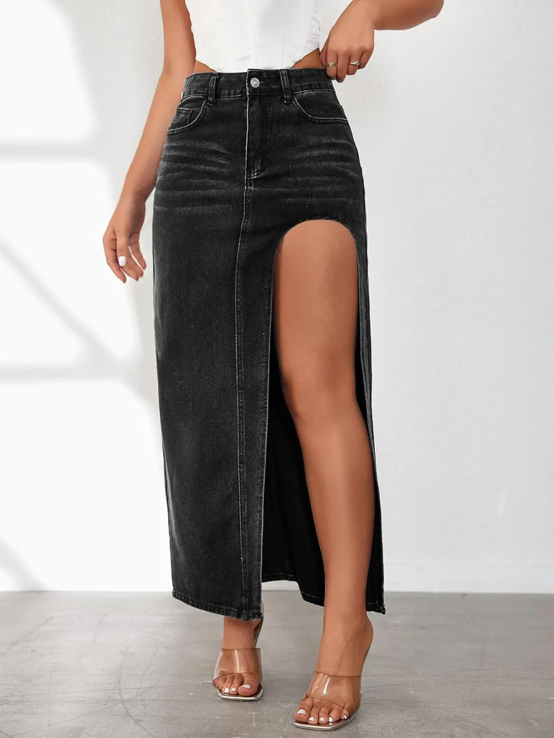 Women's Denim Skirts Classic Versatile Skirts Fashion Side Split Skirt High Waisted Comfort Cargo Skirts Summer