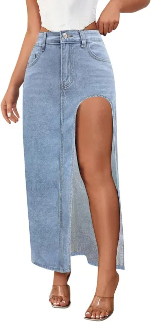 Women's Denim Skirts Classic Versatile Skirts Fashion Side Split Skirt High Waisted Comfort Cargo Skirts Summer