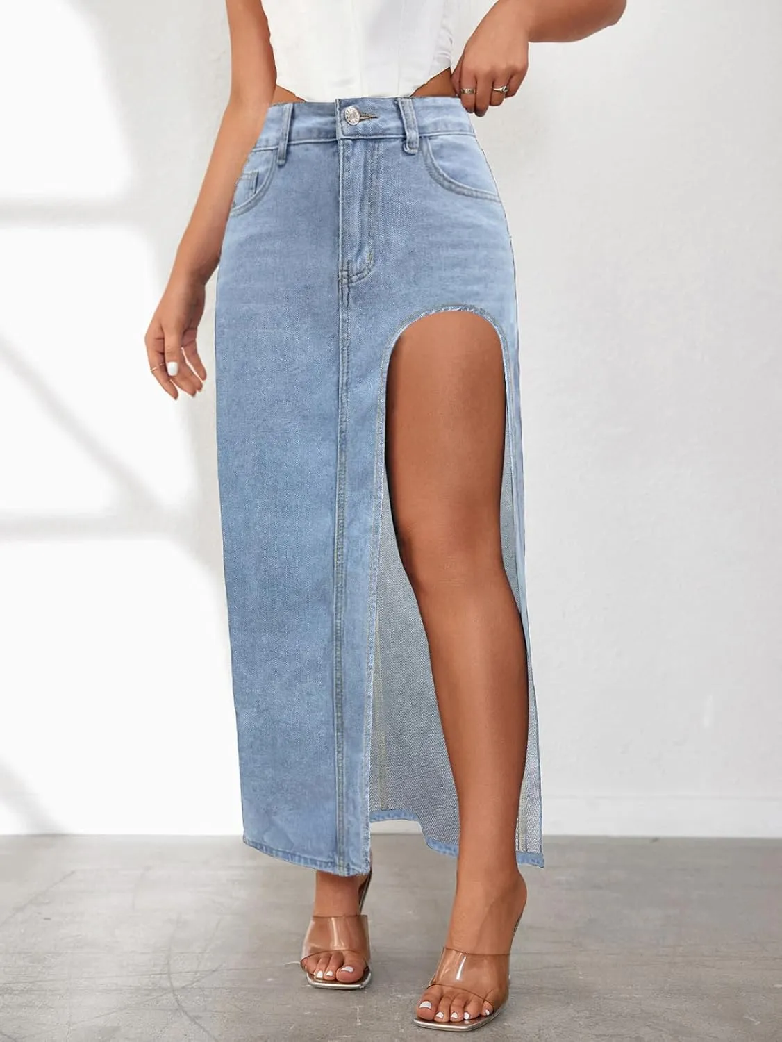 Women's Denim Skirts Classic Versatile Skirts Fashion Side Split Skirt High Waisted Comfort Cargo Skirts Summer