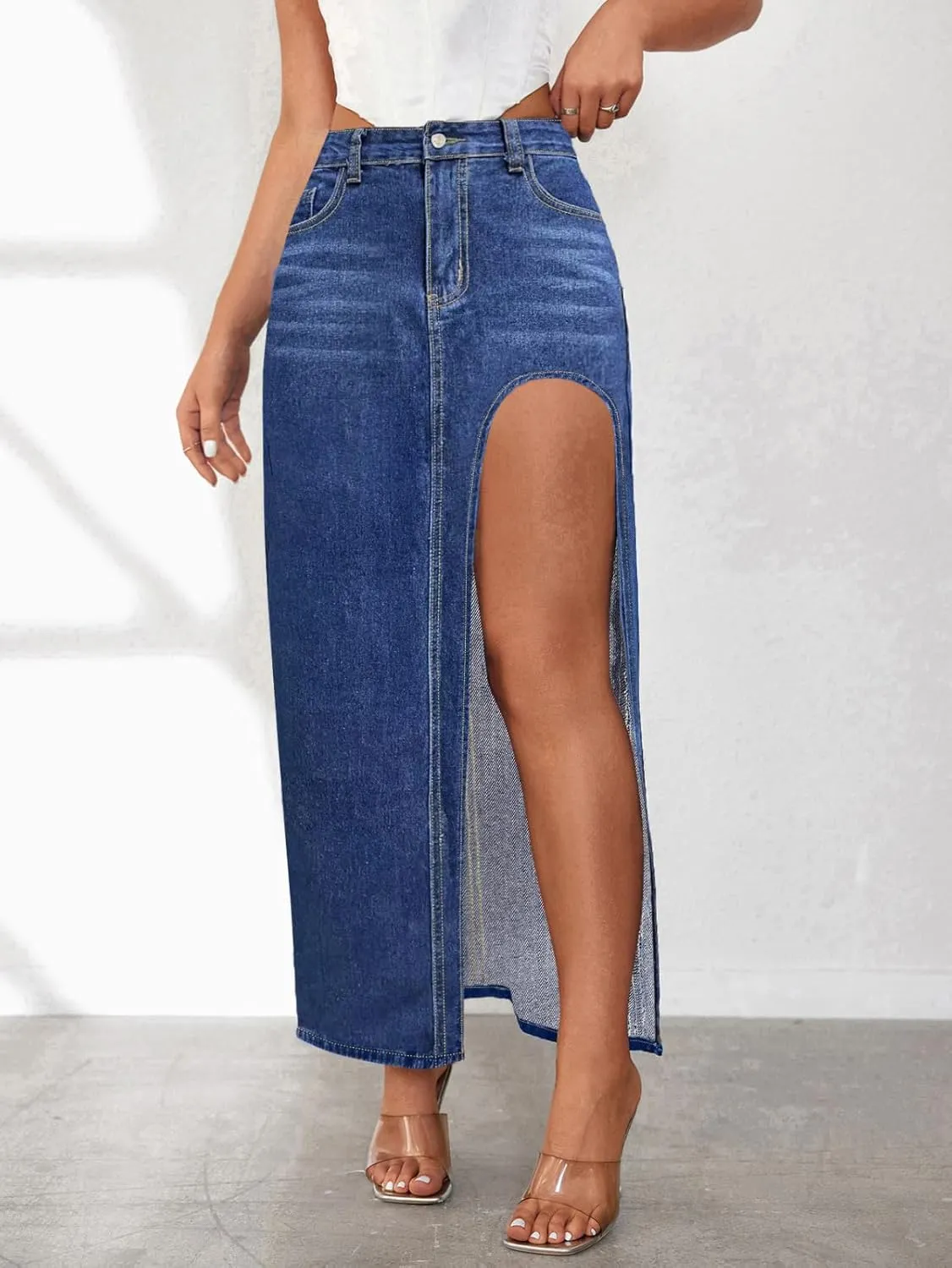 Women's Denim Skirts Classic Versatile Skirts Fashion Side Split Skirt High Waisted Comfort Cargo Skirts Summer