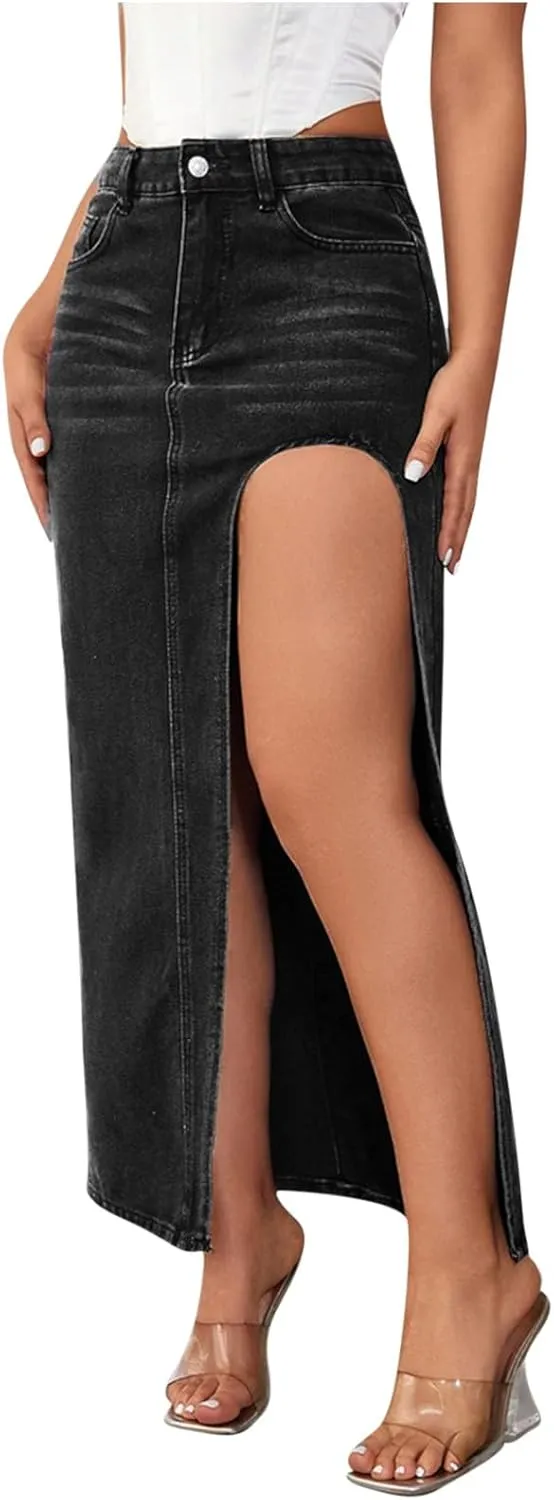 Women's Denim Skirts Classic Versatile Skirts Fashion Side Split Skirt High Waisted Comfort Cargo Skirts Summer