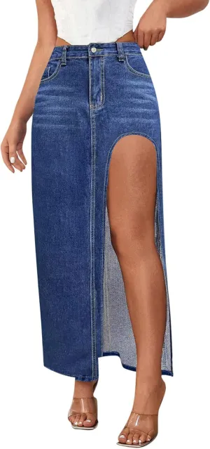 Women's Denim Skirts Classic Versatile Skirts Fashion Side Split Skirt High Waisted Comfort Cargo Skirts Summer