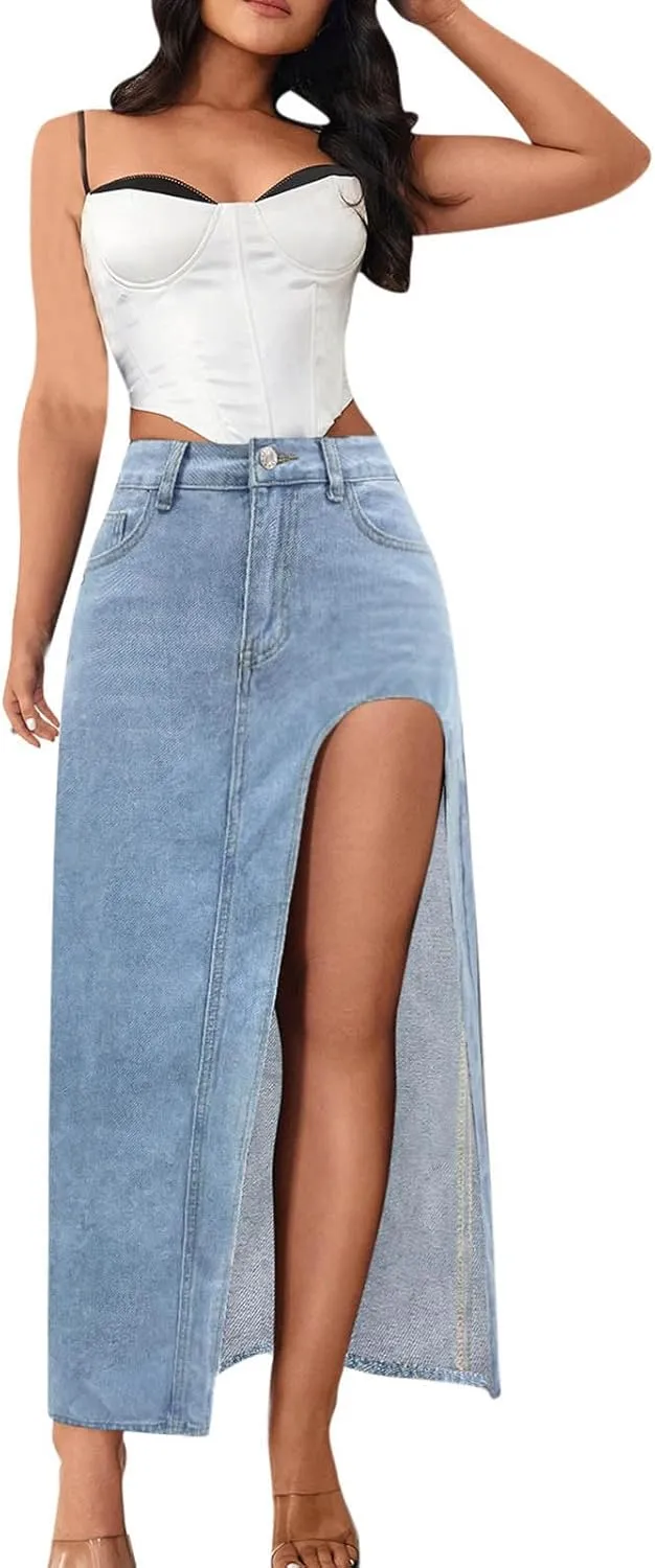 Women's Denim Skirts Classic Versatile Skirts Fashion Side Split Skirt High Waisted Comfort Cargo Skirts Summer