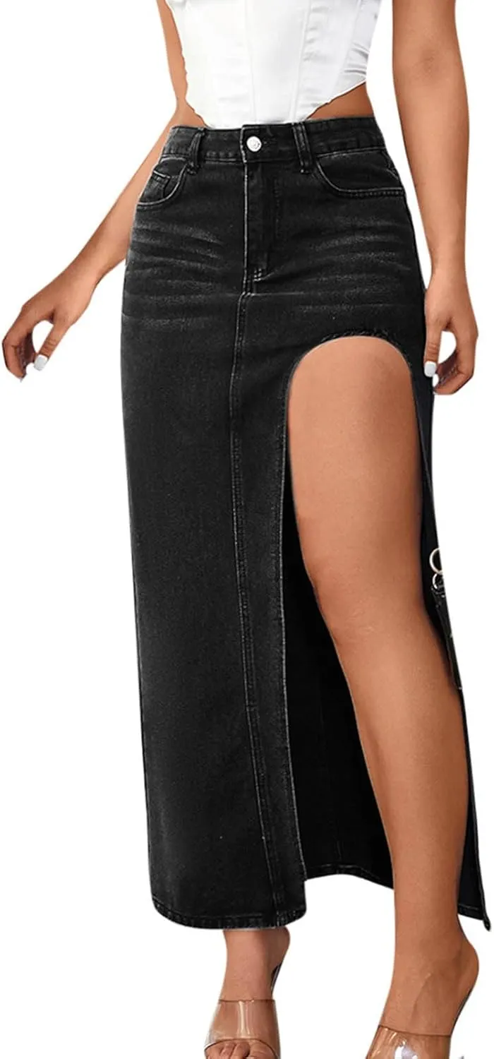 Women's Denim Skirts Classic Versatile Skirts Fashion Side Split Skirt High Waisted Comfort Cargo Skirts Summer