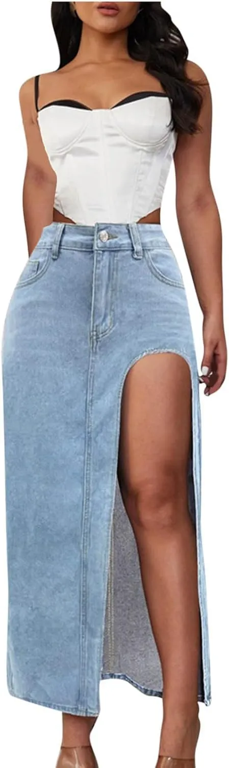 Women's Denim Skirts Classic Versatile Skirts Fashion Side Split Skirt High Waisted Comfort Cargo Skirts Summer