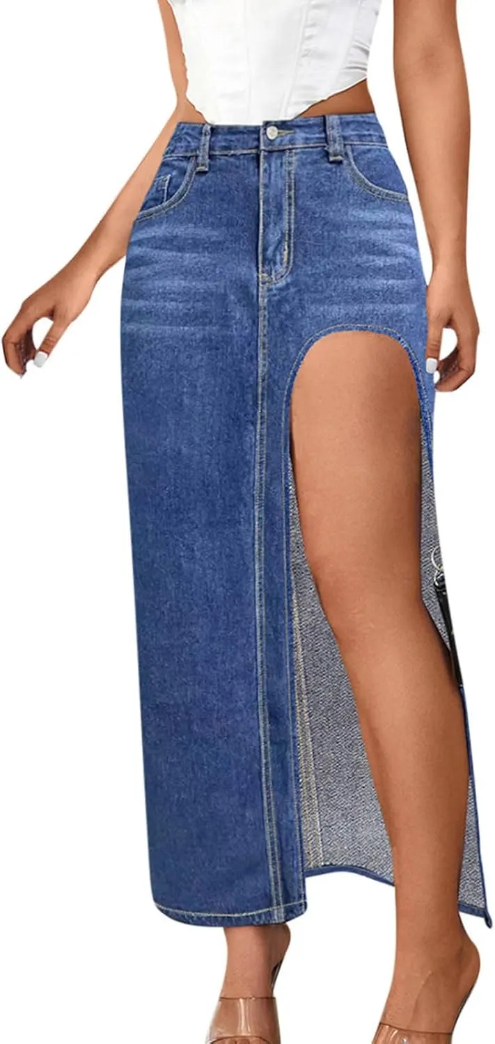 Women's Denim Skirts Classic Versatile Skirts Fashion Side Split Skirt High Waisted Comfort Cargo Skirts Summer