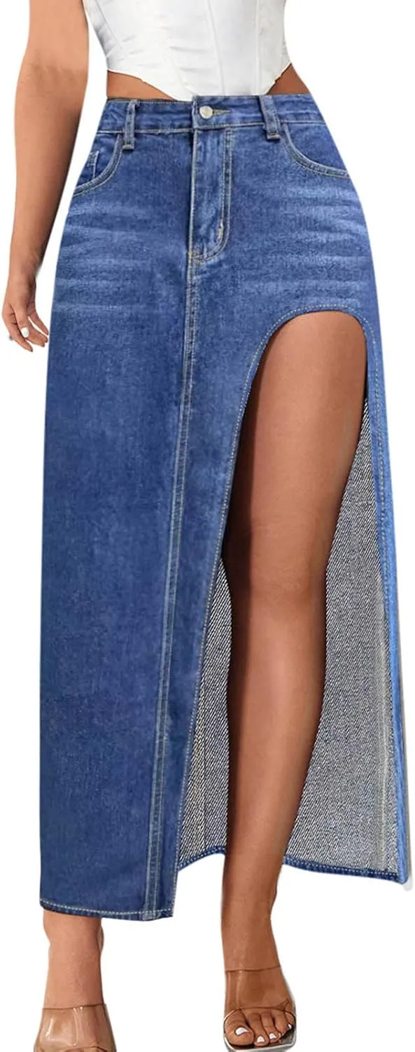 Women's Denim Skirts Classic Versatile Skirts Fashion Side Split Skirt High Waisted Comfort Cargo Skirts Summer