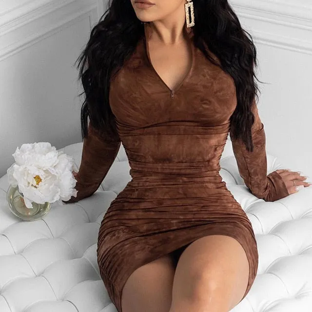 Women's Dress Pleated Zipper Printing Tight Long evening elegant Outfit