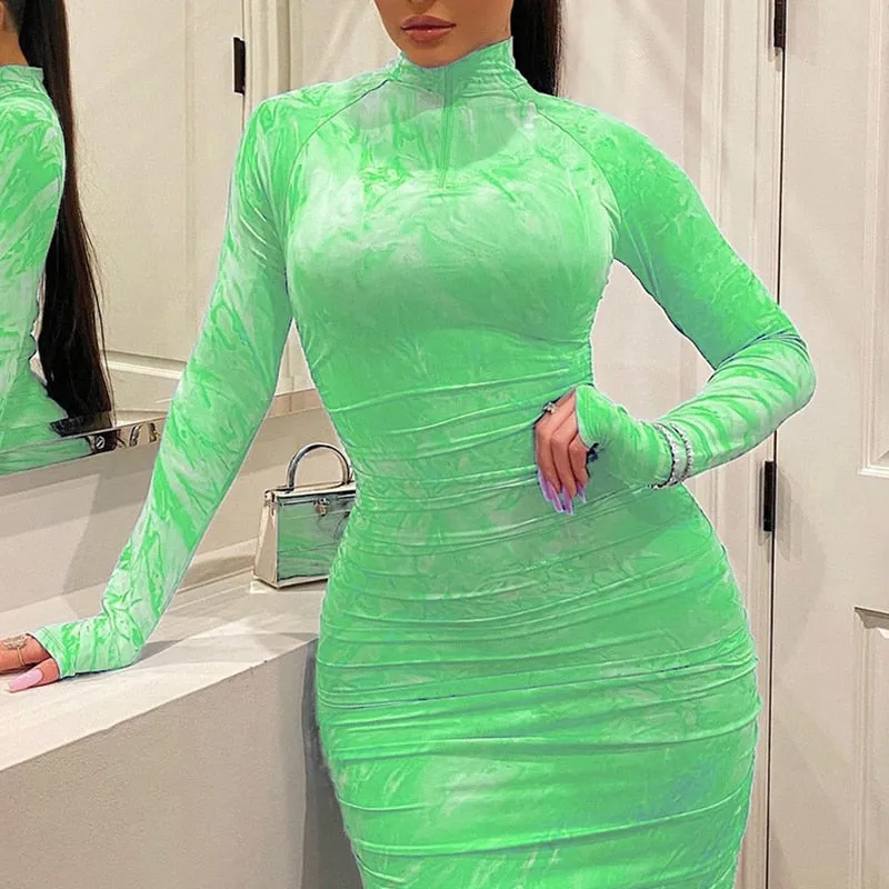Women's Dress Pleated Zipper Printing Tight Long evening elegant Outfit