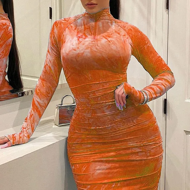 Women's Dress Pleated Zipper Printing Tight Long evening elegant Outfit