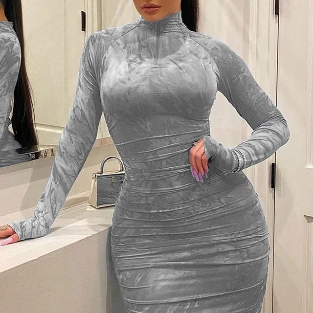 Women's Dress Pleated Zipper Printing Tight Long evening elegant Outfit