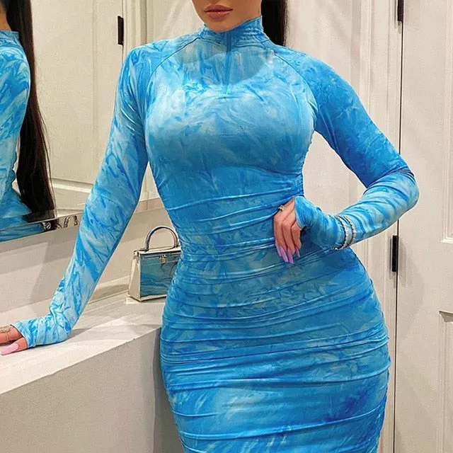 Women's Dress Pleated Zipper Printing Tight Long evening elegant Outfit