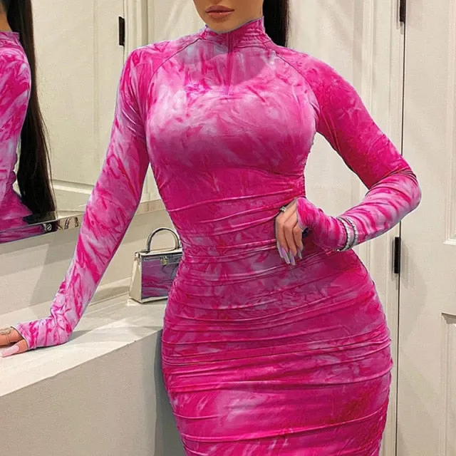 Women's Dress Pleated Zipper Printing Tight Long evening elegant Outfit