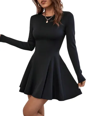 Women's Fall Flare Hem Dress Crewneck Long Sleeve A Line Dresses Elegant High Waist Mini Dress