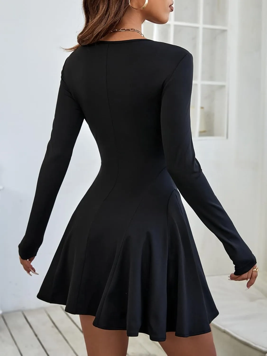Women's Fall Flare Hem Dress Crewneck Long Sleeve A Line Dresses Elegant High Waist Mini Dress