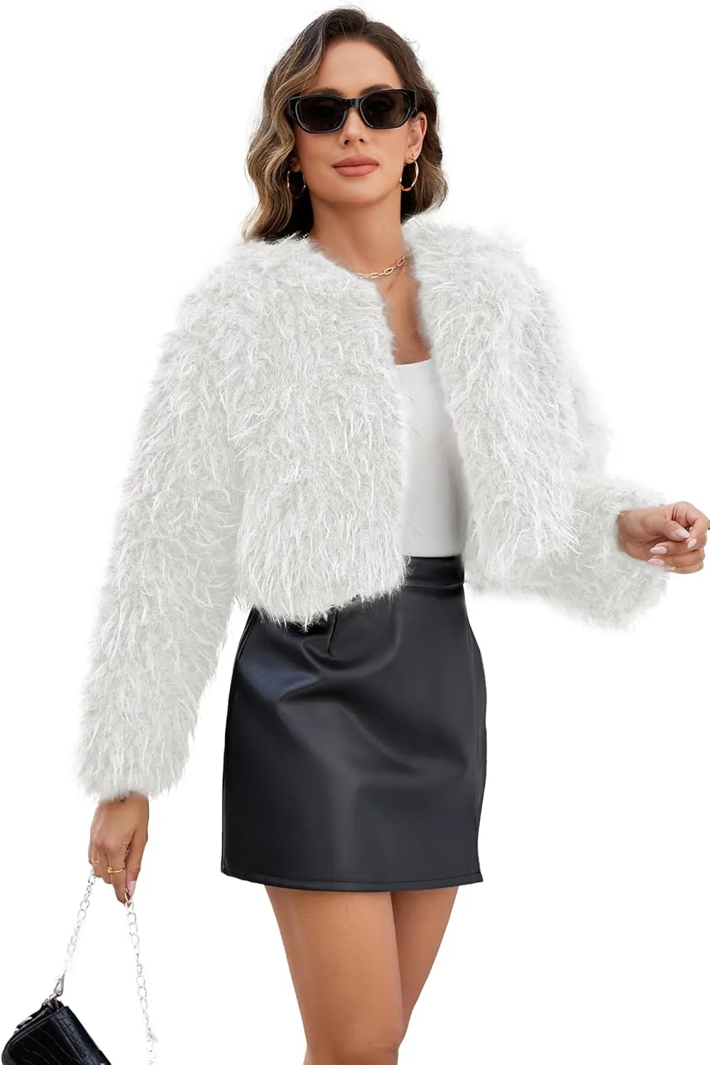 Womens Faux Fur Cropped Coats Long Sleeve Open Front Cardigan Top Fluffy Warm Outwear with Pocket