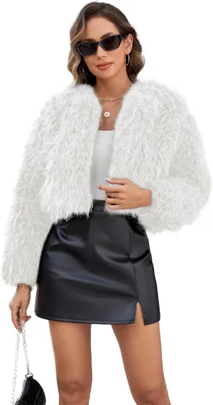 Womens Faux Fur Cropped Coats Long Sleeve Open Front Cardigan Top Fluffy Warm Outwear with Pocket