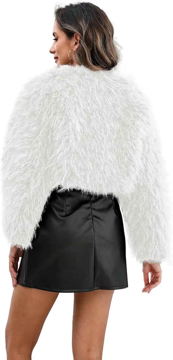 Womens Faux Fur Cropped Coats Long Sleeve Open Front Cardigan Top Fluffy Warm Outwear with Pocket