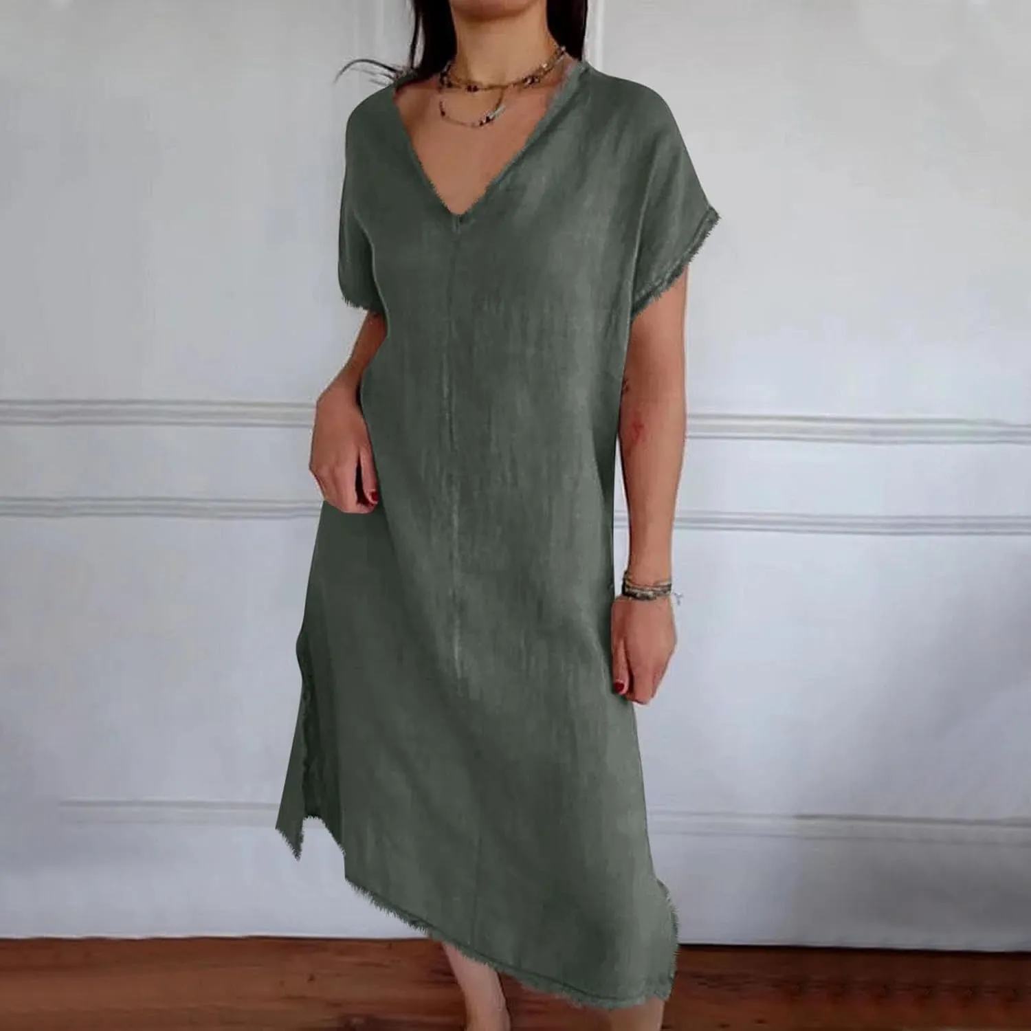 Women's Flowy Summer Dress 2025 Trendy Short Sleeve V Neck Swing Dresses Fashion Smooth Side Split Dresses