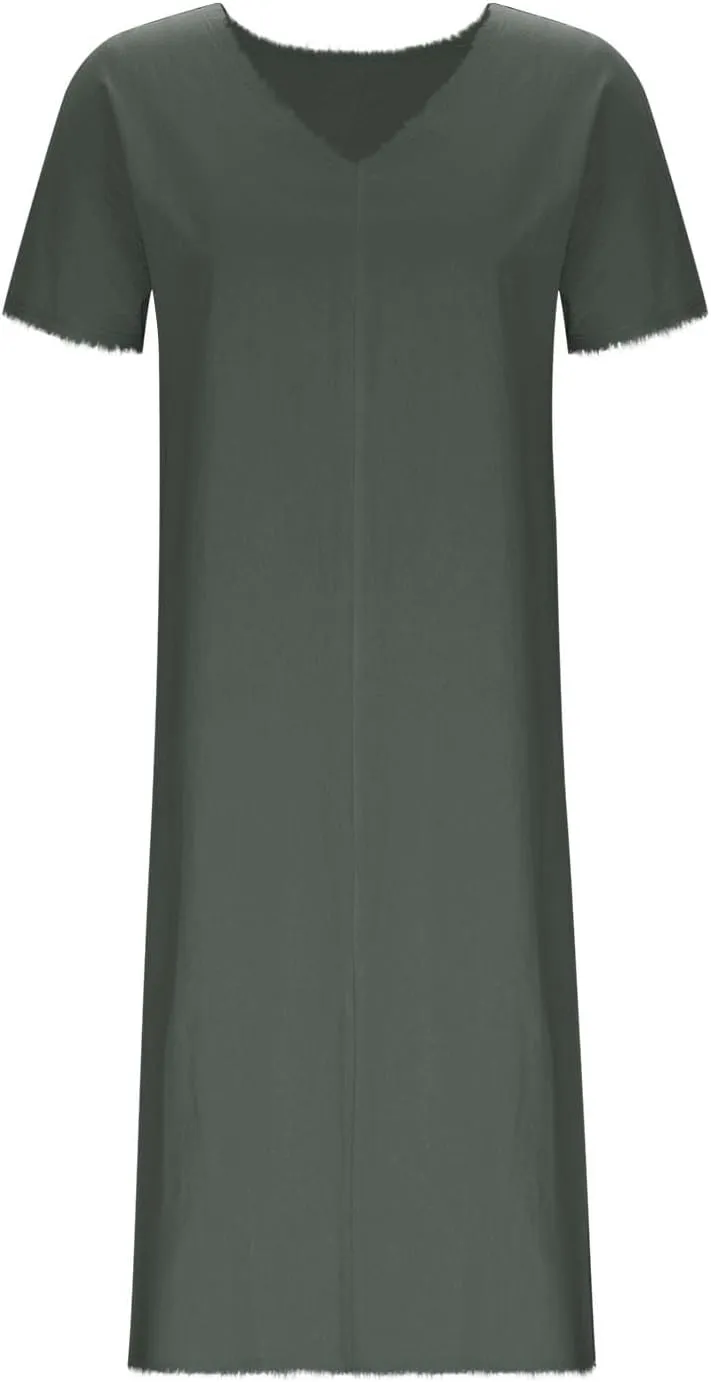 Women's Flowy Summer Dress 2025 Trendy Short Sleeve V Neck Swing Dresses Fashion Smooth Side Split Dresses