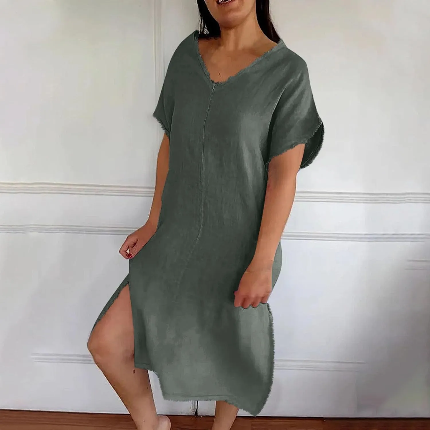 Women's Flowy Summer Dress 2025 Trendy Short Sleeve V Neck Swing Dresses Fashion Smooth Side Split Dresses