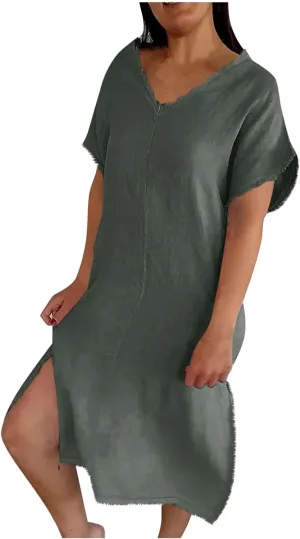 Women's Flowy Summer Dress 2025 Trendy Short Sleeve V Neck Swing Dresses Fashion Smooth Side Split Dresses